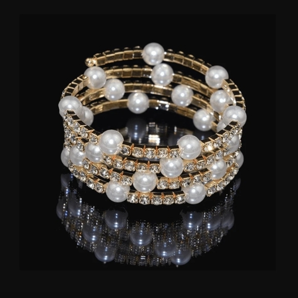 Pearl and Rhinestone Goldtone Coil Wrap Bracelet